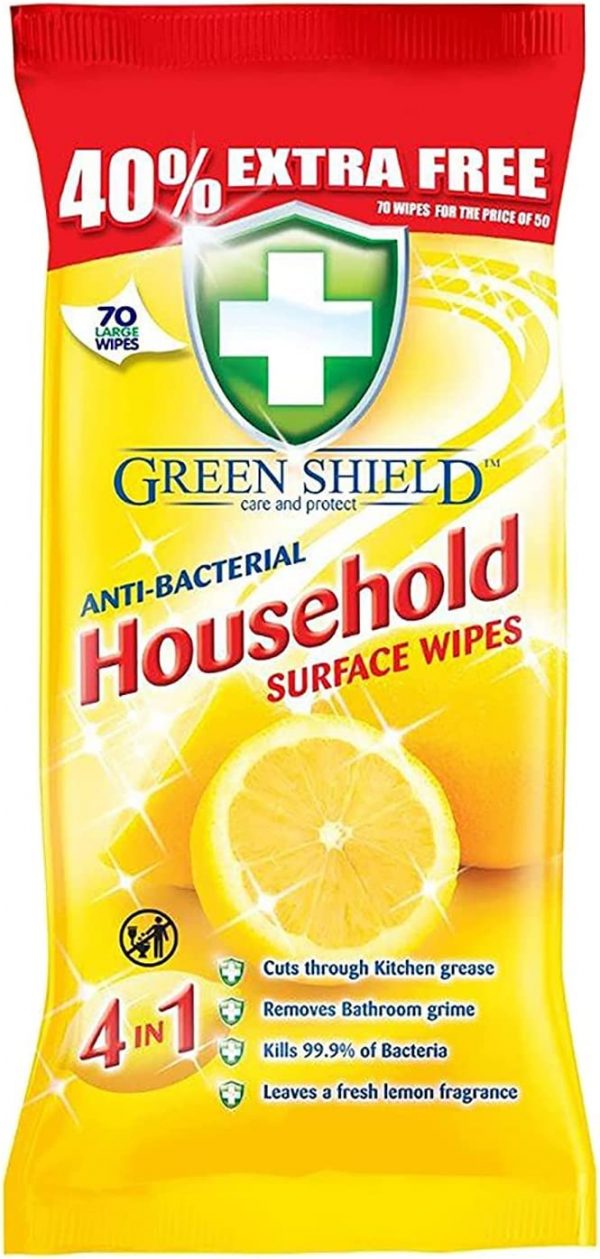 Green Shield Large Antibacterial Household Surface Cleaning Wipes, Lemon 70pk