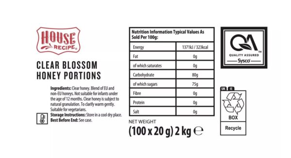 House Recipe (Brakes) Clear Blossom Honey Portions 100 x 20g - Image 2