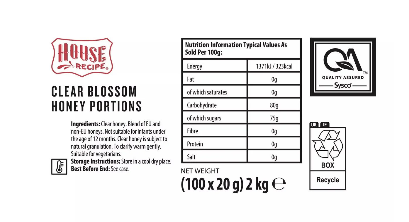 House Recipe Clear Blossom Honey Portions 100 x 20g - Image 2
