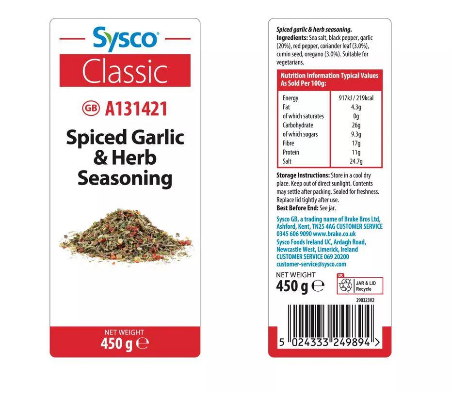 Sysco Classic Spiced Garlic & Herb Seasoning 450g - Image 2