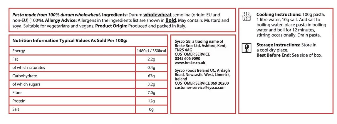 Sysco Classic Wholewheat Fusilli 5kg Large Catering Pack - Image 2