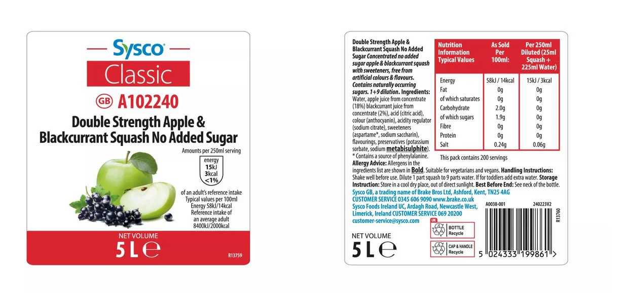 Sysco Classic Double Strength Apple & Blackcurrant Squash NAS 5 Litres - Image 2
