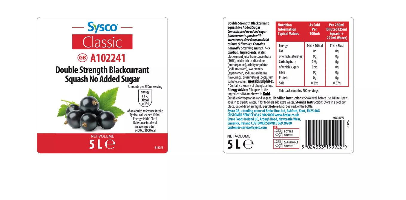 Sysco Classic Double Strength Blackcurrant Squash NAS 5 Litres - Image 2