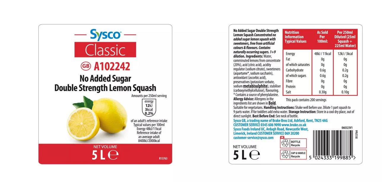 Sysco Classic Double Strength Lemon Squash No Added Sugar 5 Litres - Image 2