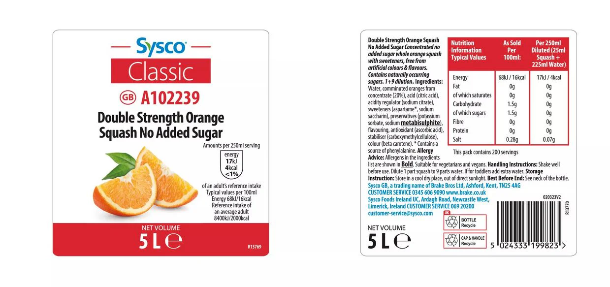 Sysco Classic Double Strength Orange Squash NAS 5 Litres - Image 2