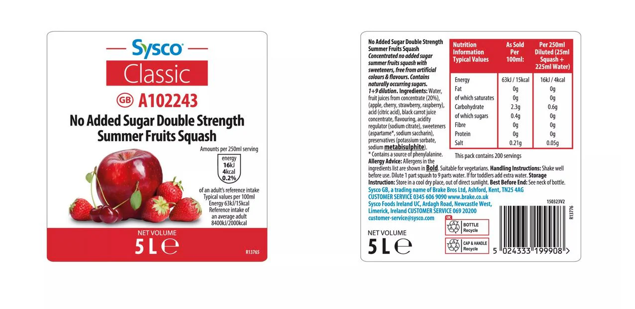 Sysco Classic Double Strength Summer Fruits Squash NAS 5 Litres - Image 2