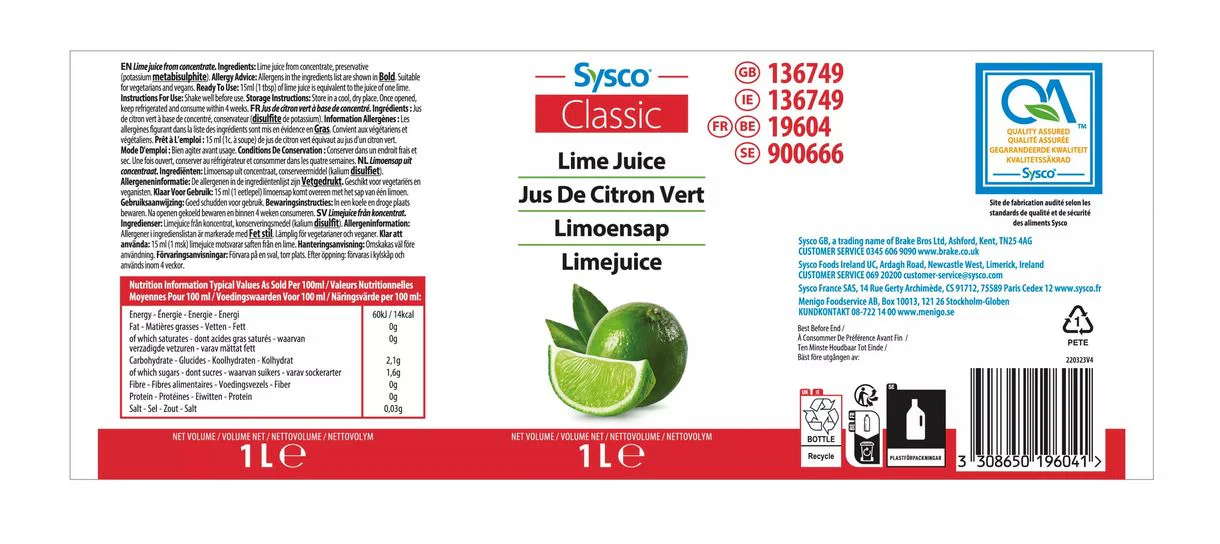 Sysco Classic Lime Juice 1 Litre Large Catering Pack - Image 2