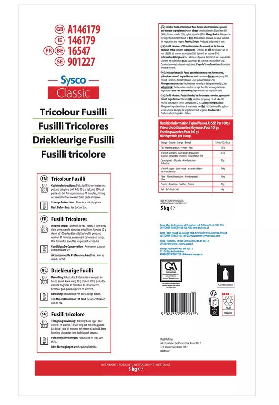 Sysco Classic Tricolour Fusilli Pasta, 5kg Bulk Pack - Image 2