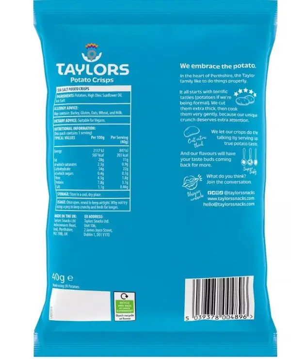 Taylors Sea Salt Flavoured Crisps – 40g (Pack of 24) - Image 2
