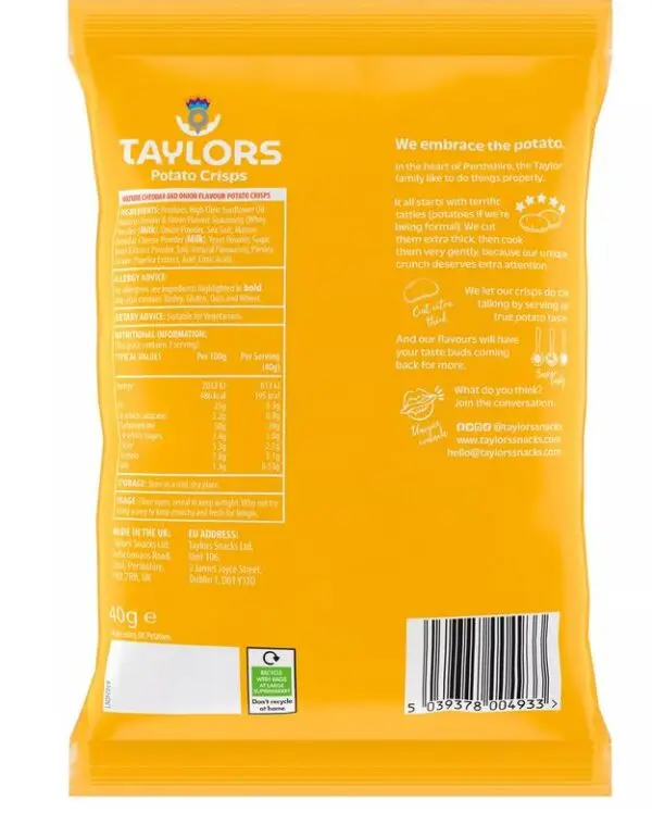Taylors Mature Cheddar Cheese & Onion Crisps 40g – (Pack of 24) - Image 2