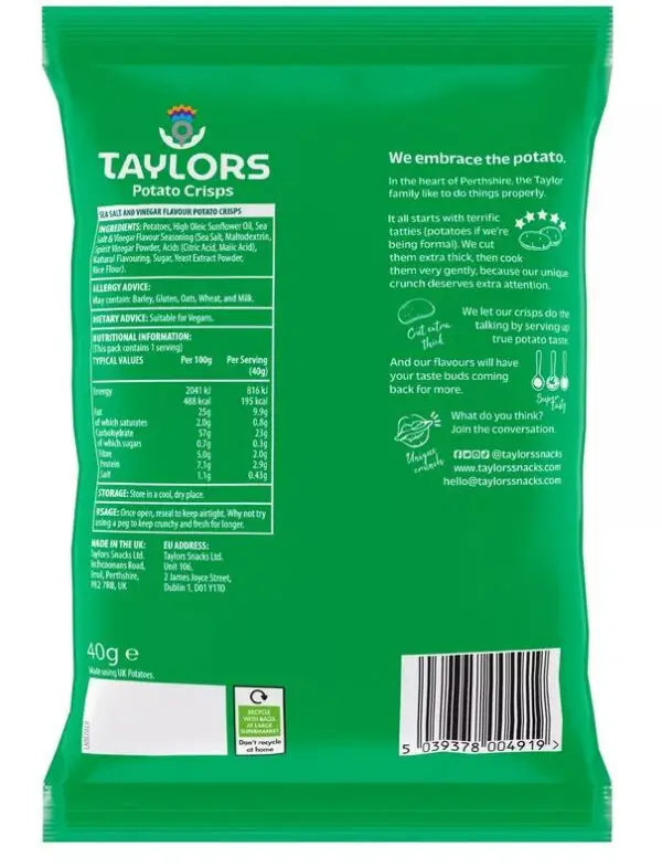 Taylors Sea Salt & Vinegar Flavoured Crisps 40g - (Pack of 24) - Image 2