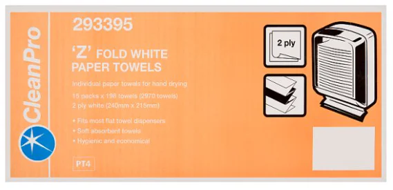 CleanPro 'Z' Fold White Paper Towels 2 Ply 15 x 198